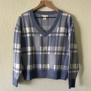 Christian Siriano Blue and Cream Plaid Sweater— Size M